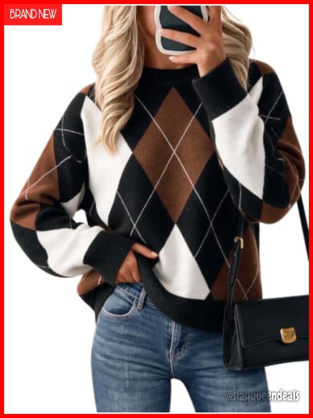 Argyle Color Block Knit Pullover Sweater Crew Neck Long Sleeve